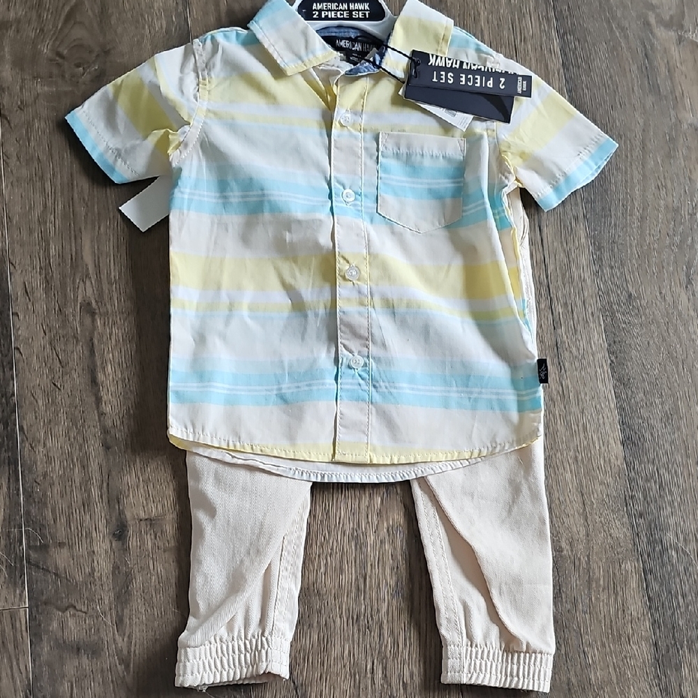 NWT 2 PIECE Pant Set American Hawk Shirt Tan Pants 24 months Boy Joggers Toddler